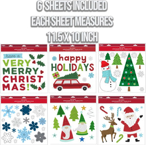 B-THERE Bundle of Merry Christmas Holiday 11.5 x 10 Inch Window Gel Clings, Gnome, Snowman, Snowflakes, Santa Claus, Trees, and More