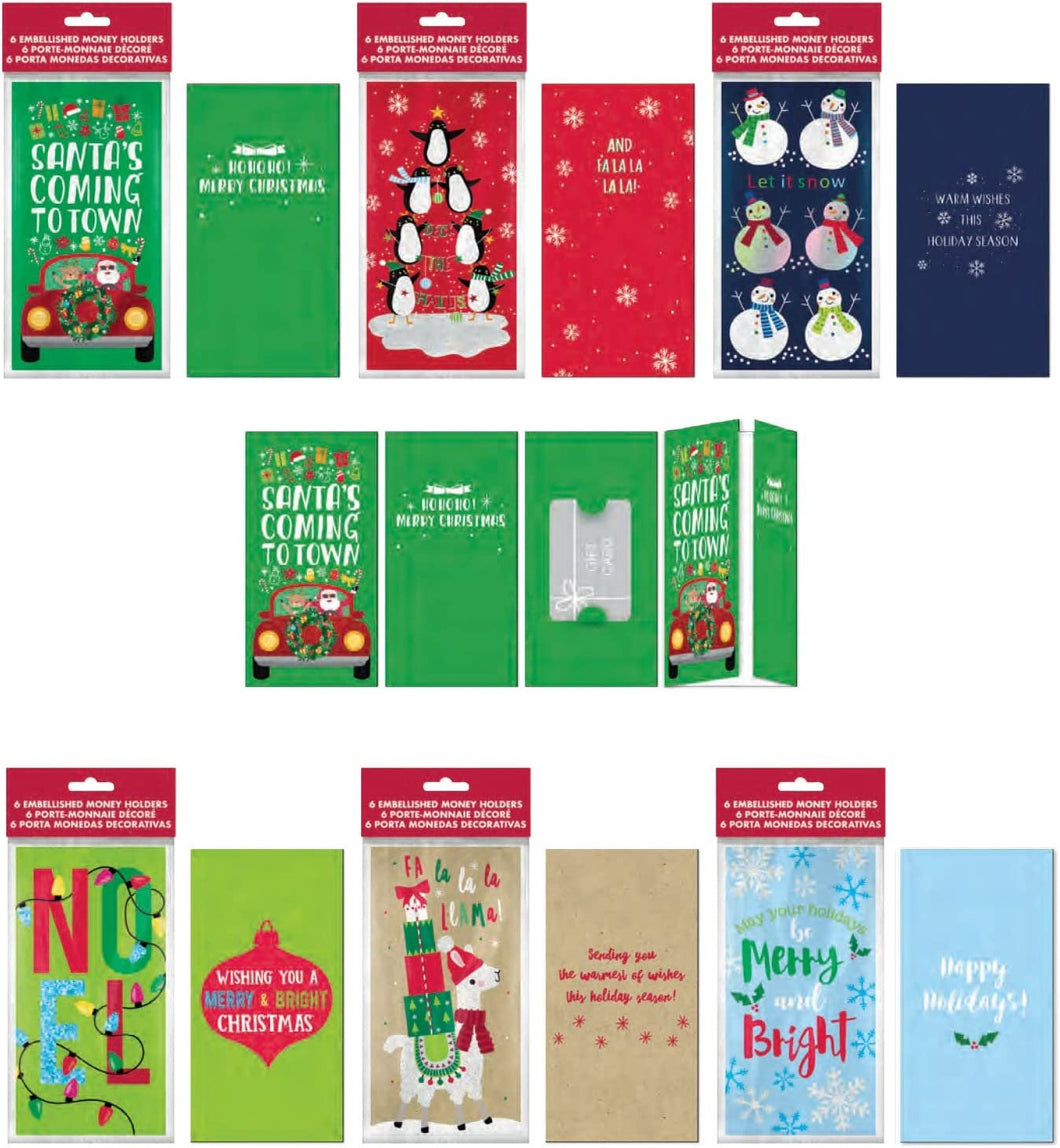 B-THERE 6 Pack Embellished Christmas Holiday Money Cash Gift Card Holders with Foil and Glitter, Santa, Llama, Penguin, Snowman and More!