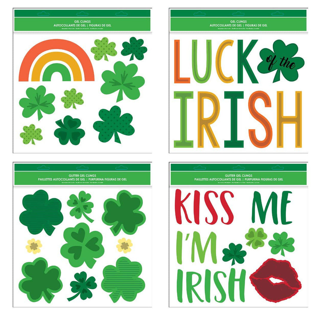 B-THERE Bundle of St. Patrick's Day Window Gel Clings 11.5” x 12” with Shamrocks, Clovers, Kiss Me I’m Irish, Luck Gels