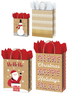 B-THERE Bundle 4ct Christmas Holiday Multi-Size Kraft Gift Bags of Santa, Candy Canes, Snowman