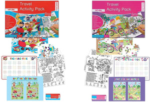 2 Travel Activity Packs 1 Boys & 1 Girls Each Containing 1 Puzzle, 2 Activity Sheets and 4 Crayons. Tic-Tac-Toe, Jigsaw Puzzle, Word Search, Coloring, Dot to Dot, Spot the Difference & More