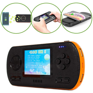 B-THERE Game Power Bank Console 3-in-1-416 Retro Video Games- Wireless Qi Charging - 8000mAh USB Portable Charger Battery - 2.8’ Color Screen - for Phone, Tablet & More (Black & Orange)