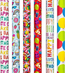 B-THERE Birthday Gift Wrap Wrapping Paper for Boys, Girls, Adults. 6 Cute & Funny Different Designs of 6 ft X 30 Roll! Includes Cactus, Fruit, Rainbows, Rainbow Sprinkles, Pizza, Balloons, Donuts