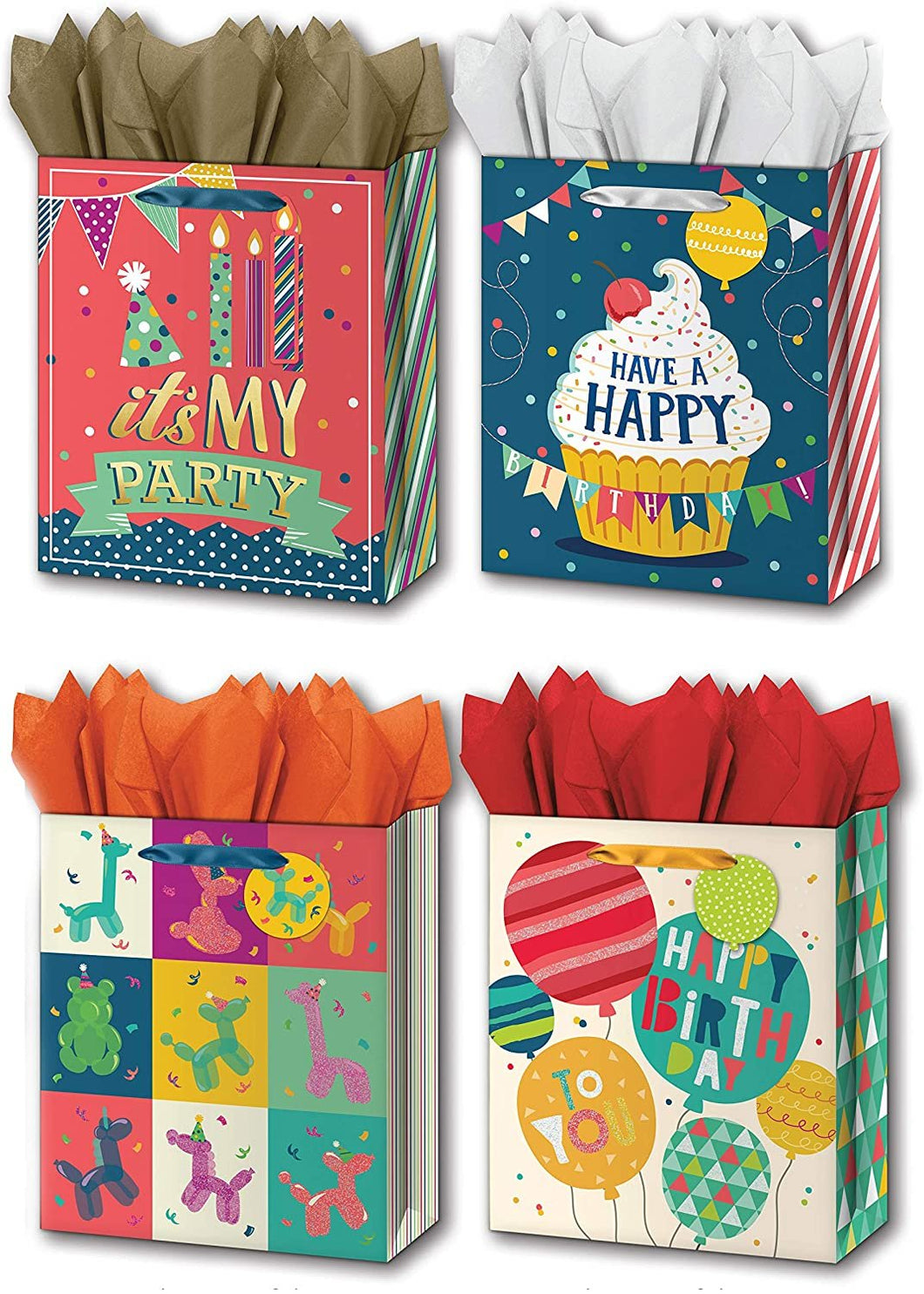 B-THERE Bundle of 4 Large 10” x 12” x 5” Gift Bags with Tags and Tissue for Men, Women for Birthday Party or Special Occasion