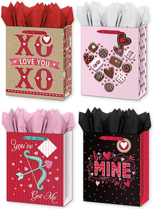 4 Large Valentines Day Gift Bags w/Tissue Paper Included Designed with - XOXO, Be Mine, Hearts, & More