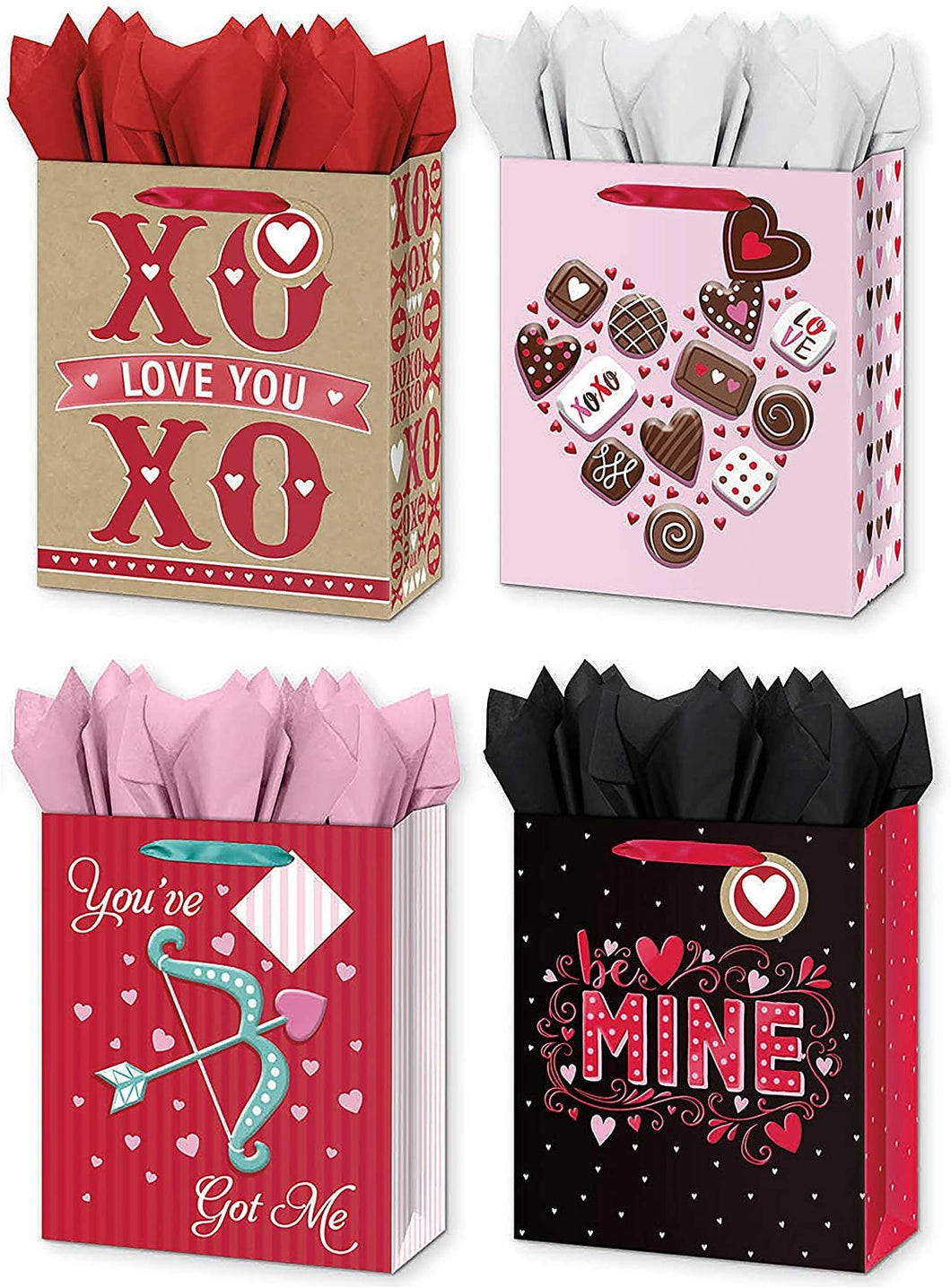 4 Large Valentines Day Gift Bags w/Tissue Paper Included Designed with - XOXO, Be Mine, Hearts, & More