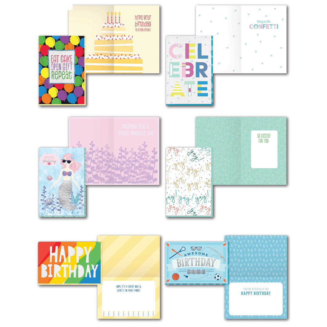 B-THERE 6 Pack Extra Large Happy Birthday Greeting with Sentiment Inside, Men, Women, Boys, Girls.