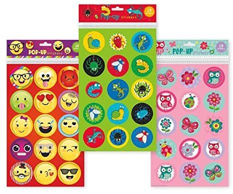B-THERE Set of 3 Large Popup Sticker Sheets, 48 Stickers Total. Emoticons, Creepy Crawlers, and Springtime Themed Popup Stickers