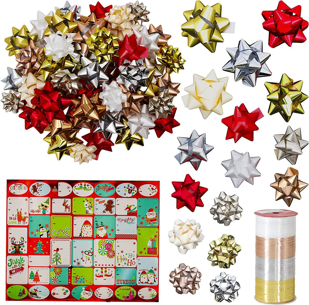 B-THERE 50 Christmas Bows for Gift Wrapping with 4 Curling Ribbon Rolls and 120 Stickers Bundle for Presents, Decoration, Holiday, and More