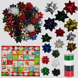 B-THERE 50 Christmas Bows for Gift Wrapping with 4 Curling Ribbon Rolls and 120 Stickers Red, Green, Black, White, Siler Bundle for Presents, Decoration, Holiday, and More