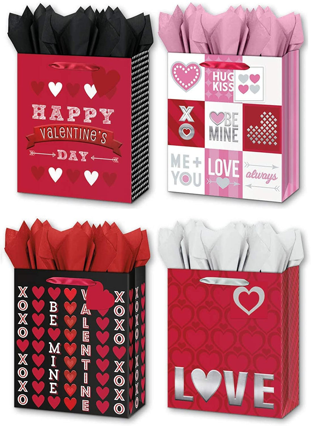 4 Large Valentines Day Gift Bags w/Tissue Paper Included Designed with - XOXO, Love, Be Mine, Hearts, & More