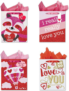 B-THERE Bundle of 4 Valentine's Day Tri-Glitter Gift Bags, Large. Valentine Gift Supplies, Tissue Paper Included.