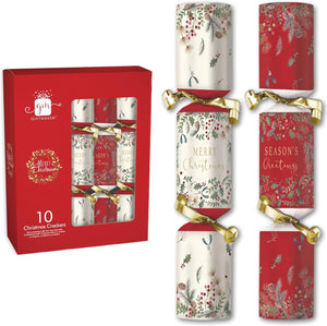 B-THERE 12 Inch Christmas Crackers Luxery Set with Novelty Toy, Paper Hat, & Joke (Red and White Christmas Crackers, 10)