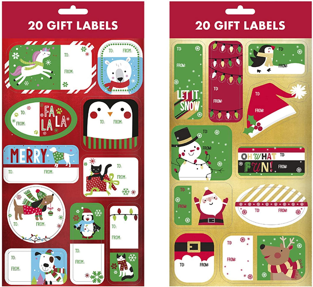 B-THERE 40ct Pets and Kids Foil Christmas Holiday Self- Adhesive Gift Tag Labels of Dogs, Cats, Bear, Snowman, Penguin, Unicorn