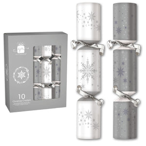 12" Christmas Holiday Crackers - Silver and White with Snowflakes. Includes 10 Crackers with Hat, Gift and Joke