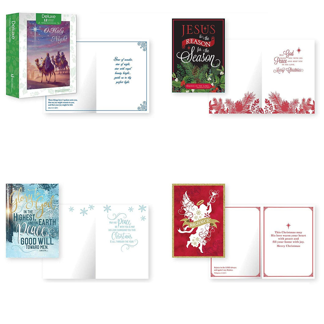 B-THERE Bundle of 12 Boxed Christmas Greeting Cards - Religous, Foil and Glitter Finishes with Envelopes - Includes KJV Scriptures