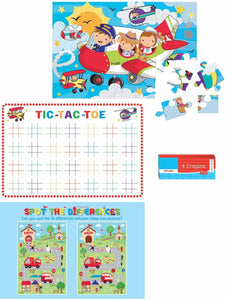 2 Travel Activity Packs 1 Boys & 1 Girls Each Containing 1 Puzzle, 2 Activity Sheets and 4 Crayons. Tic-Tac-Toe, Jigsaw Puzzle, Word Search, Coloring, Dot to Dot, Spot the Difference & More