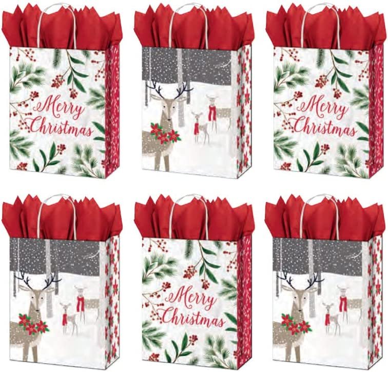 6 Pack of Christmas Medium Gift Bags - Reindeer & Merry Christmas Designs w/Foil & Glitter Finishes on Each Bag