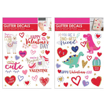 Load image into Gallery viewer, B-THERE Bundle of Valentine&#39;s Day Glitter Decals for Books, Cards, Windows, Glass with Llama, Unicorn, Hearts, Dinosaurs
