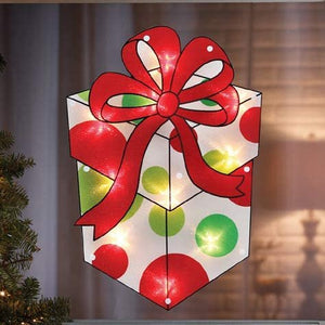 Impact Innovations Christmas Lighted Present Gift with Red Bow, 13” x 16” Decoration Light, Indoor Outdoor