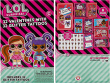 Load image into Gallery viewer, 32 Count School Valentines Day Illustrated Cards with Matching Stickers or Tattoos
