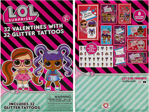 32 Count School Valentines Day Illustrated Cards with Matching Stickers or Tattoos