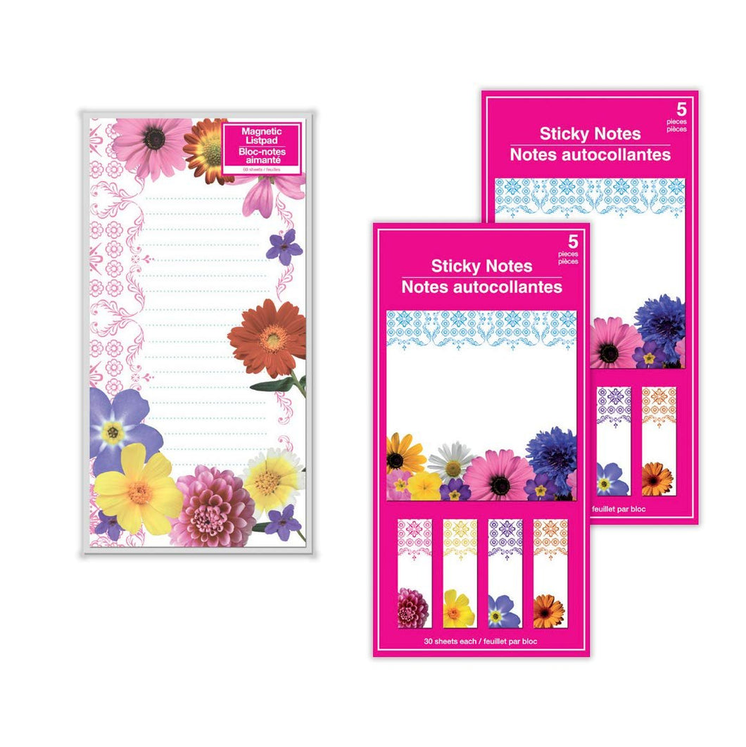Bundle Set of Elegant Floral Design Stationary Desk Accessories: 1 Magnetic List Pad and 2 Packs of Sticky Notes